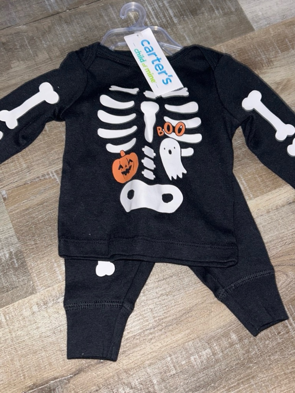child of mine Black Skeleton Pajama Set with Orange Pumpkin & White Ghost